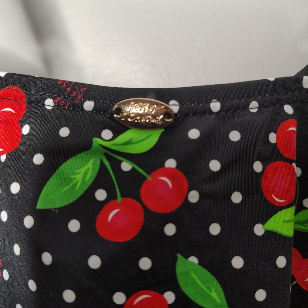 Betsy Johnson Black Sweetheart Cherry Ruched One-Piece Swimsuit Womens XL NWT - Picture 5 of 11